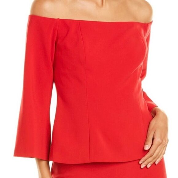 NWT Trina Turk Luxe Drape Chili Red Off Shoulder Red Top 3/4 Bell Sleeve Size 10 - Picture 10 of 11